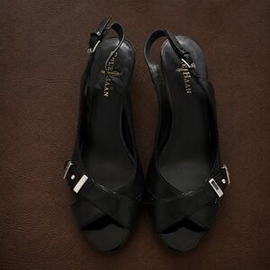 Cole Haan Air Christy Slingback Heels Sandals Black Leather Peep Toe 7.5B